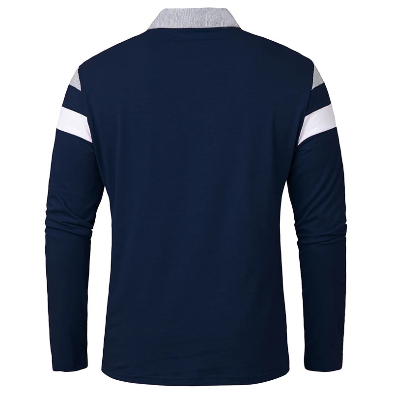 Men's Long Sleeve Casual Cotton Patchwork Collared Shirt Autumn Striped Pullover Streetwear Golf Button Polo Shirts