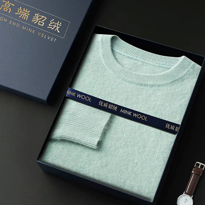 100% Pure Mink Cashmere Men's Round Neck Sweater for Autumn Winter, Casual Knitted Long Sleeved Pullover Sweater Men's Clothing