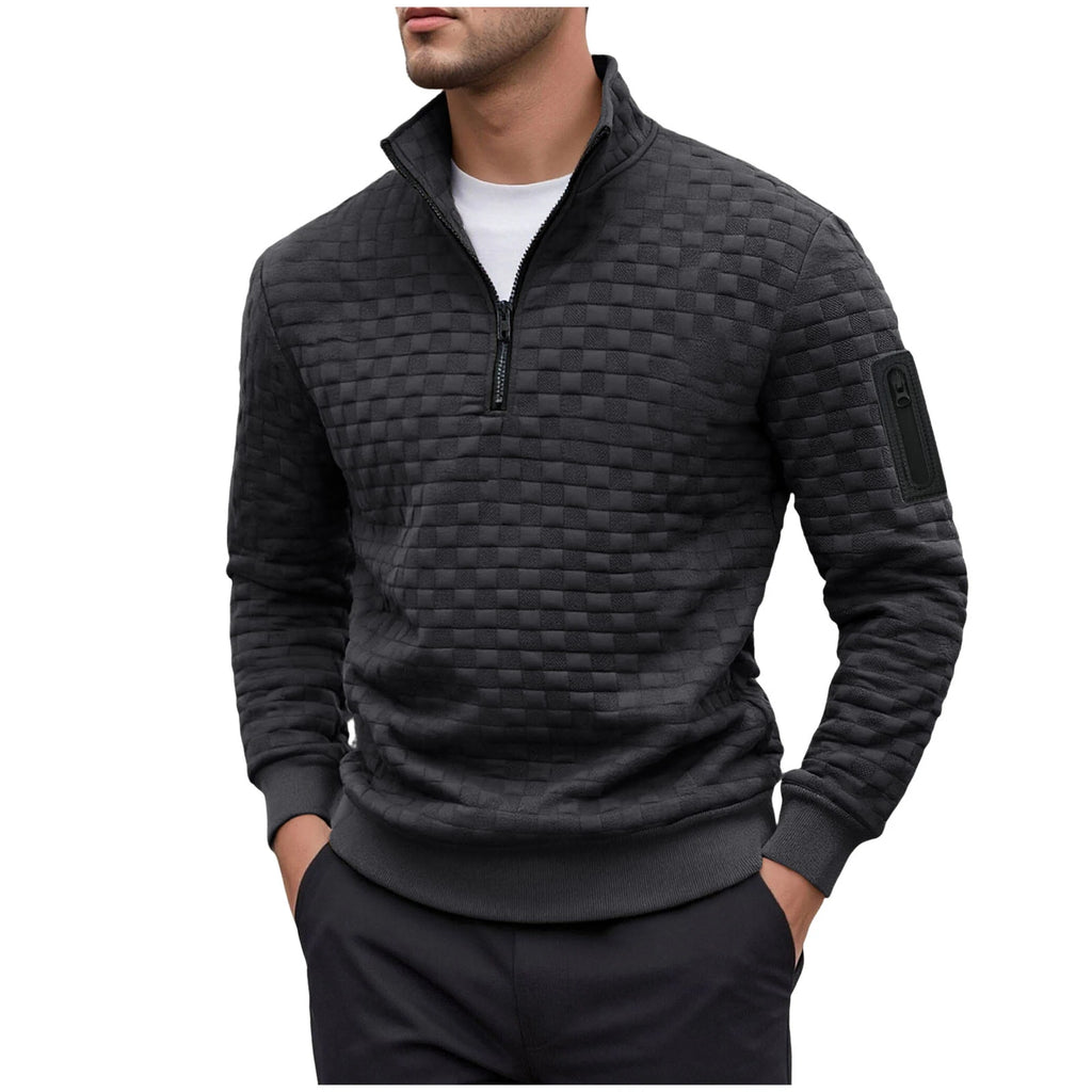 Autumn/Winter Soft Hoodless Sweatshirt Men's Warm Pullover Top Letter Checkered Half Zipper Sweatshirt Long-Sleeve Sweatshirts