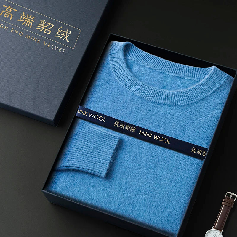 100% Pure Mink Cashmere Men's Round Neck Sweater for Autumn Winter, Casual Knitted Long Sleeved Pullover Sweater Men's Clothing