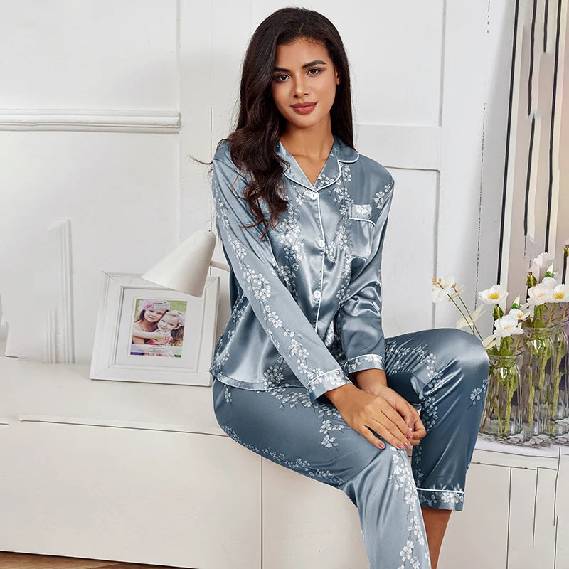Spring Autumn Pajama Women Silk Satin Pajamas Set Long Sleeve Shirt with Trouser Sleepwear Loungewear Female Pajamas Suits Mujer