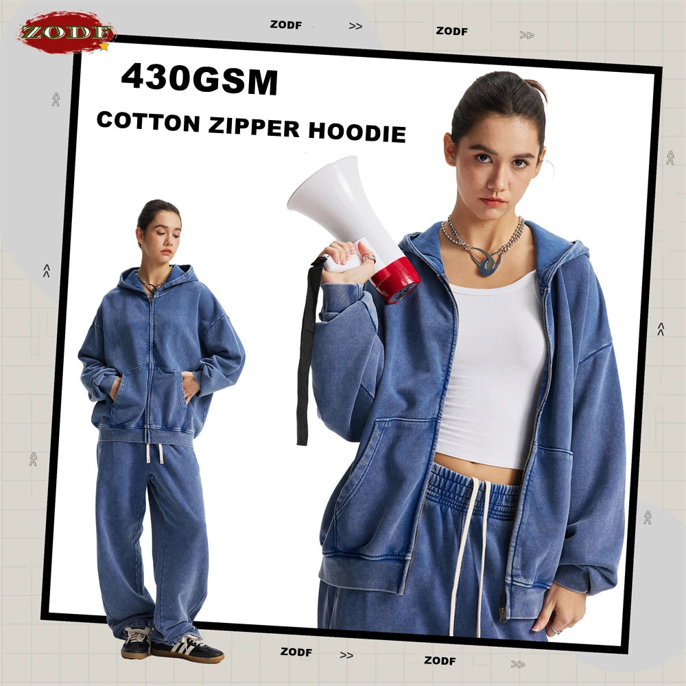 ZODF Trendy Batik Washed 430gsm Man's Zipper Hoodies Unisex Solid Loose Distressed Terry 100% Cotton Hooded Coats HY1159