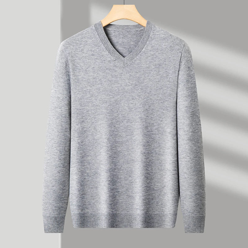 Men's V-Neck Basic Solid Color Sweatshirt Warm Autumn Knitted Oversize Pullover Elastic Round Neck Sweater for Casual Wear