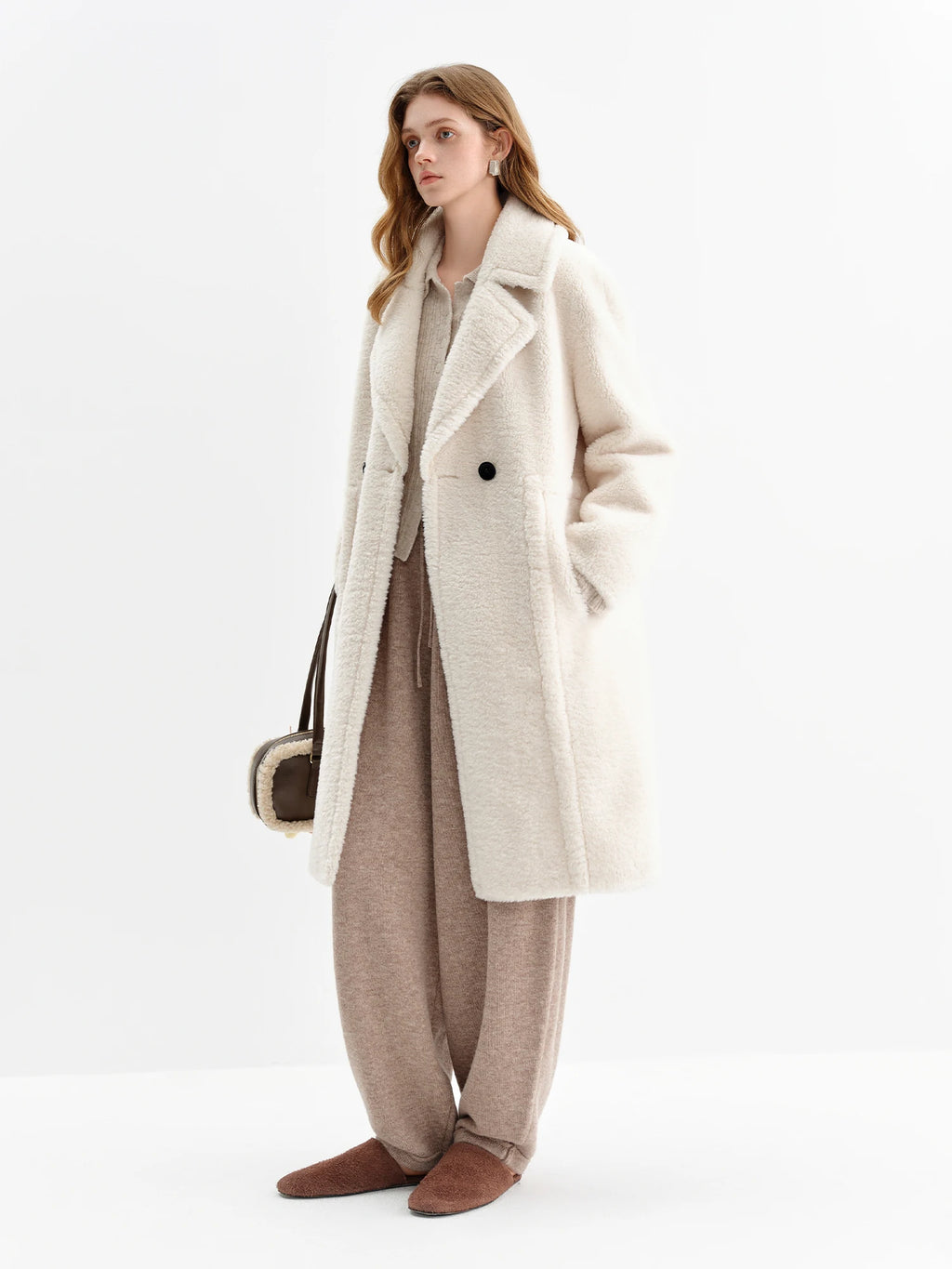 FSLE Women's Suede Faux Fur Lamb Wool Coat with Turn Down Collar - 2025 Winter New Style Furry Coat