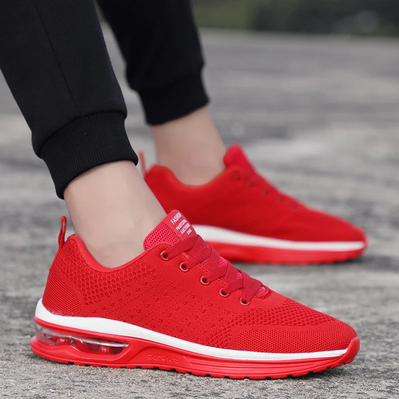 Red Affordable Running Shoes for Men and Women - Breathable Woven Air Cushion Sneakers in Sizes 35-46