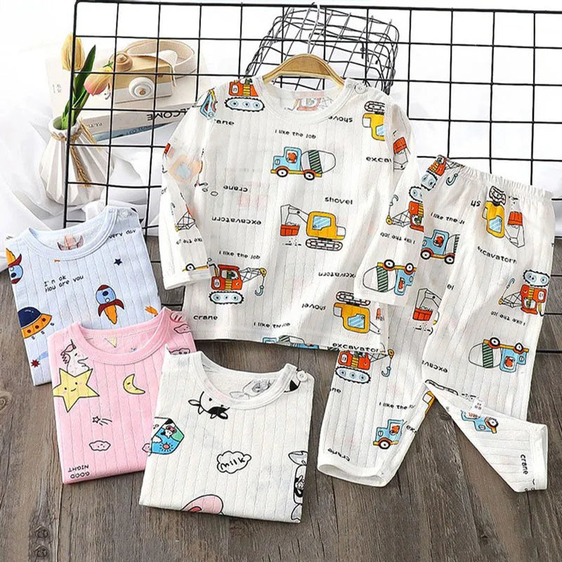 Top+Pants 2-Piece Set Breathable Soft Cotton Pajamas for Children Boys Girls Baby Summer Cartoon Long Sleeve Home Sleepwear Set 1-6Y