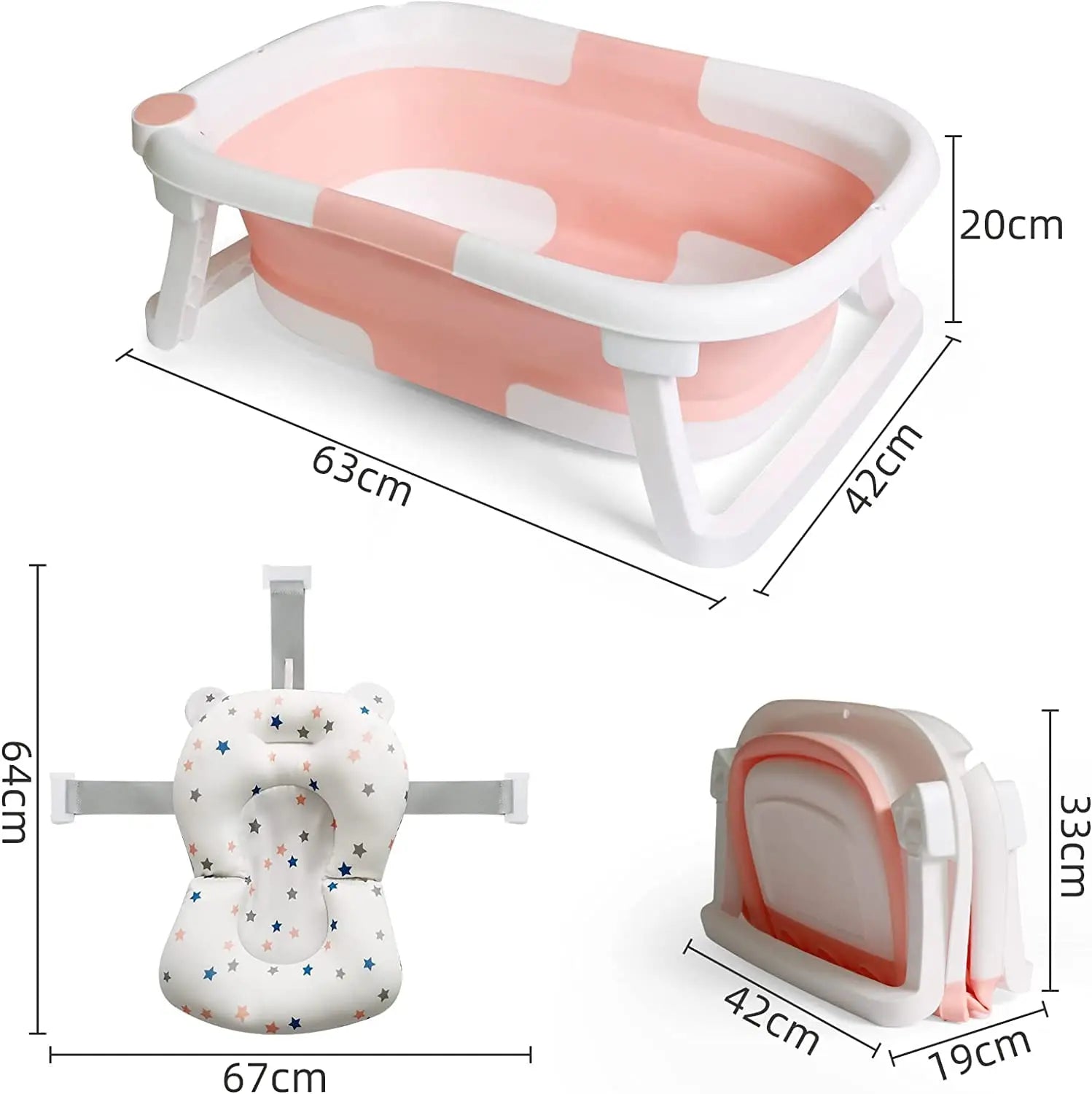 Foldable Baby Bath Tub with Bath Cushion for Infants and Toddlers - Thermometer, Non-Slip, Collapsible, Perfect from Newborn to Toddler