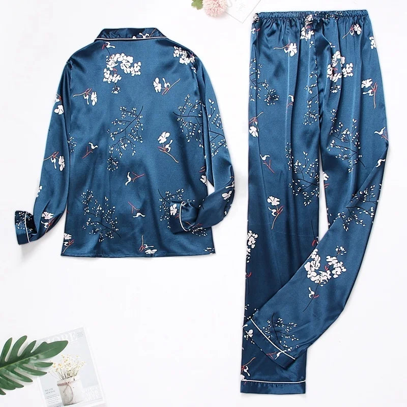 Spring Autumn Pajama Women Silk Satin Pajamas Set Long Sleeve Shirt with Trouser Sleepwear Loungewear Female Pajamas Suits Mujer