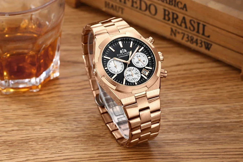 Luxury Watch for Men Chronograph Luminous Rose Gold Silver Blue Fashion Quartz Overseas Stainless Steel Watch for Men Cheap