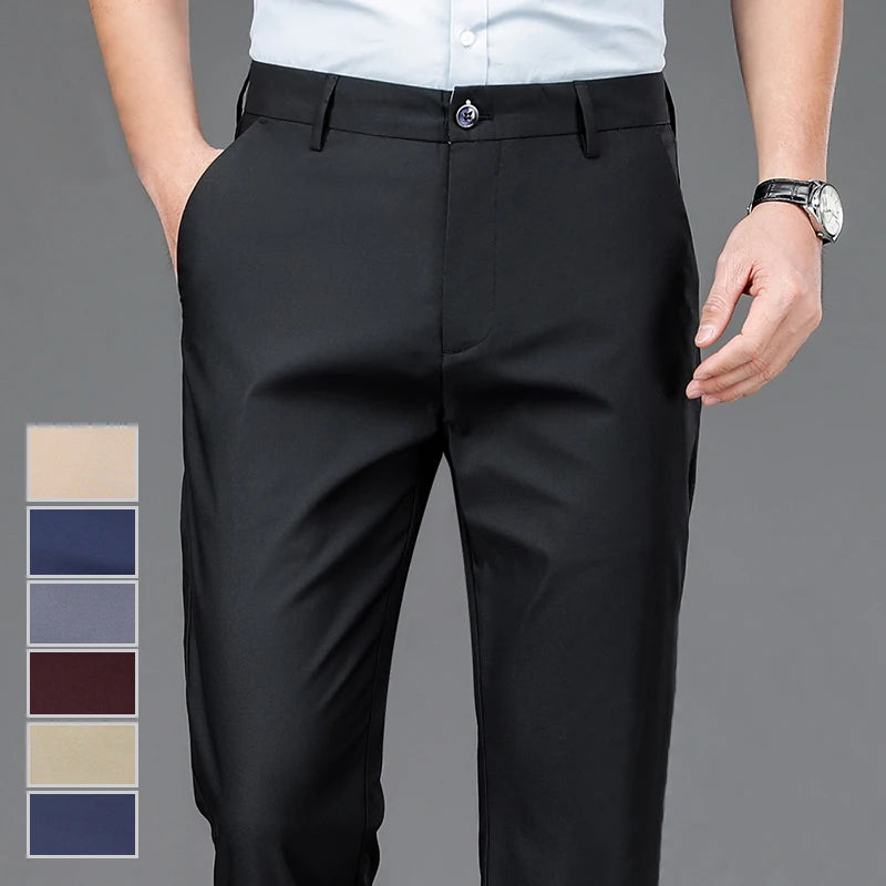 Men's Stretch Solid Black Smart Casual Trousers - Office Quick Dry Suit Pants - New Spring Autumn Korean Straight Pants
