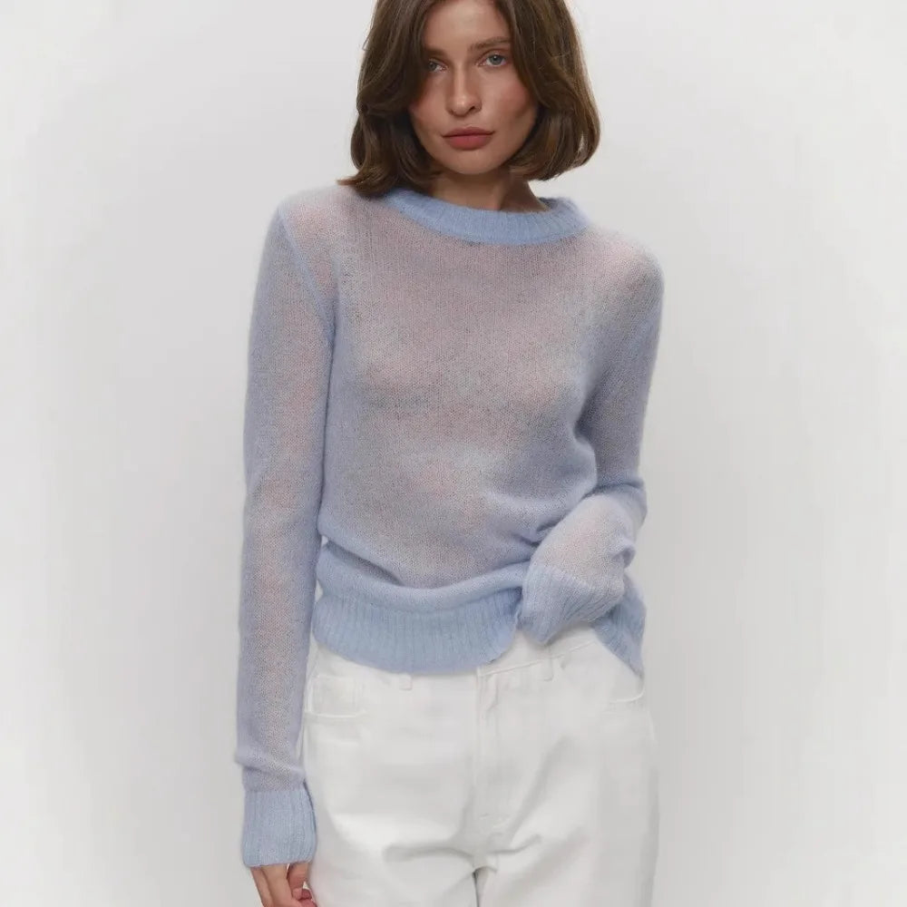 Classic Mohair Knitted Sweater Top for Women - Spring and Summer Fashion Loose Fit O-neck
