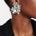 Designer Rhinestone Irregular Large Square Ear Clips for Women Bling
