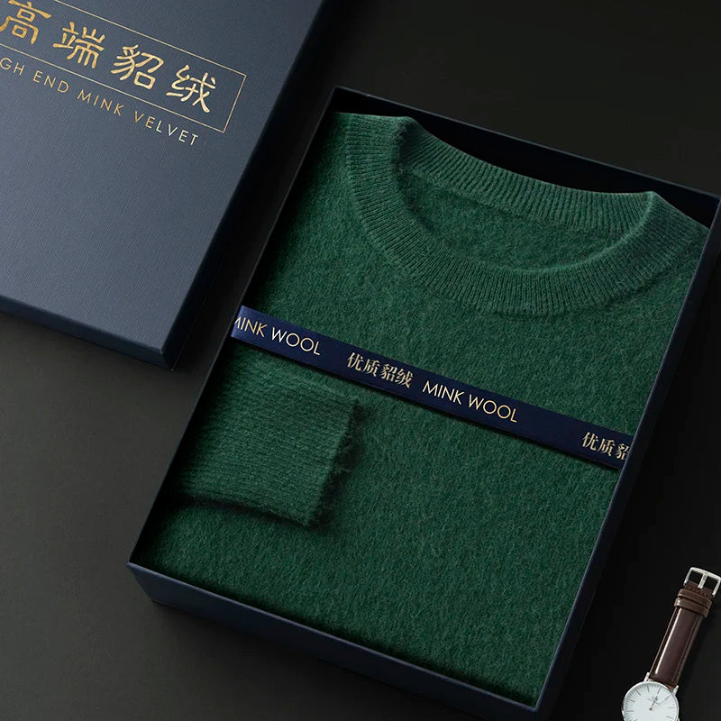 100% Pure Mink Cashmere Men's Round Neck Sweater for Autumn Winter, Casual Knitted Long Sleeved Pullover Sweater Men's Clothing