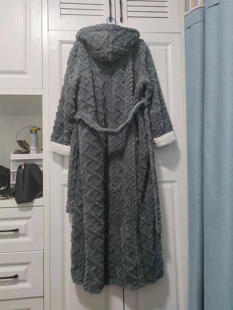 Loose Long Thick Hooded Winter Bathrobe for Women - Flannel Terry Comfortable Sleepwear