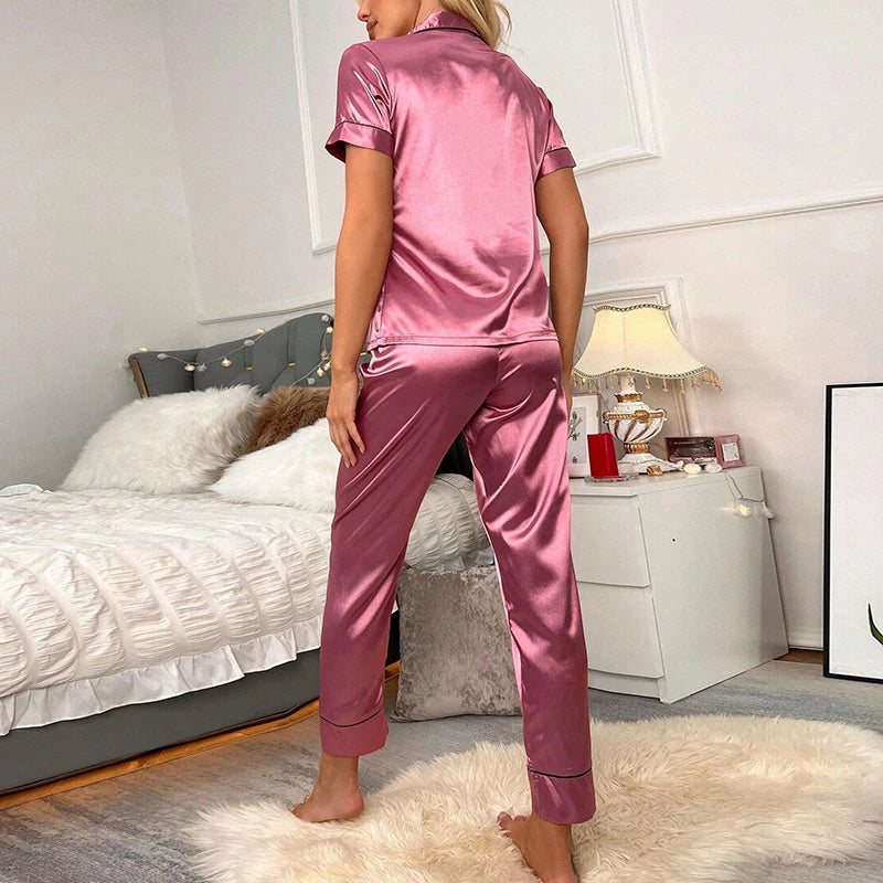 Spring Autumn Pajama Women Silk Satin Pajamas Set Long Sleeve Shirt with Trouser Sleepwear Loungewear Female Pajamas Suits Mujer
