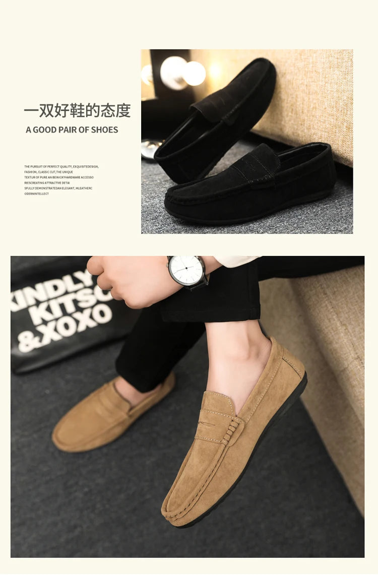 2025 Autumn Deer Leather Casual Men's Shoes Versatile Comfortable Work Shoes Driving Loafers Black, Grey, Khaki Three-Colour