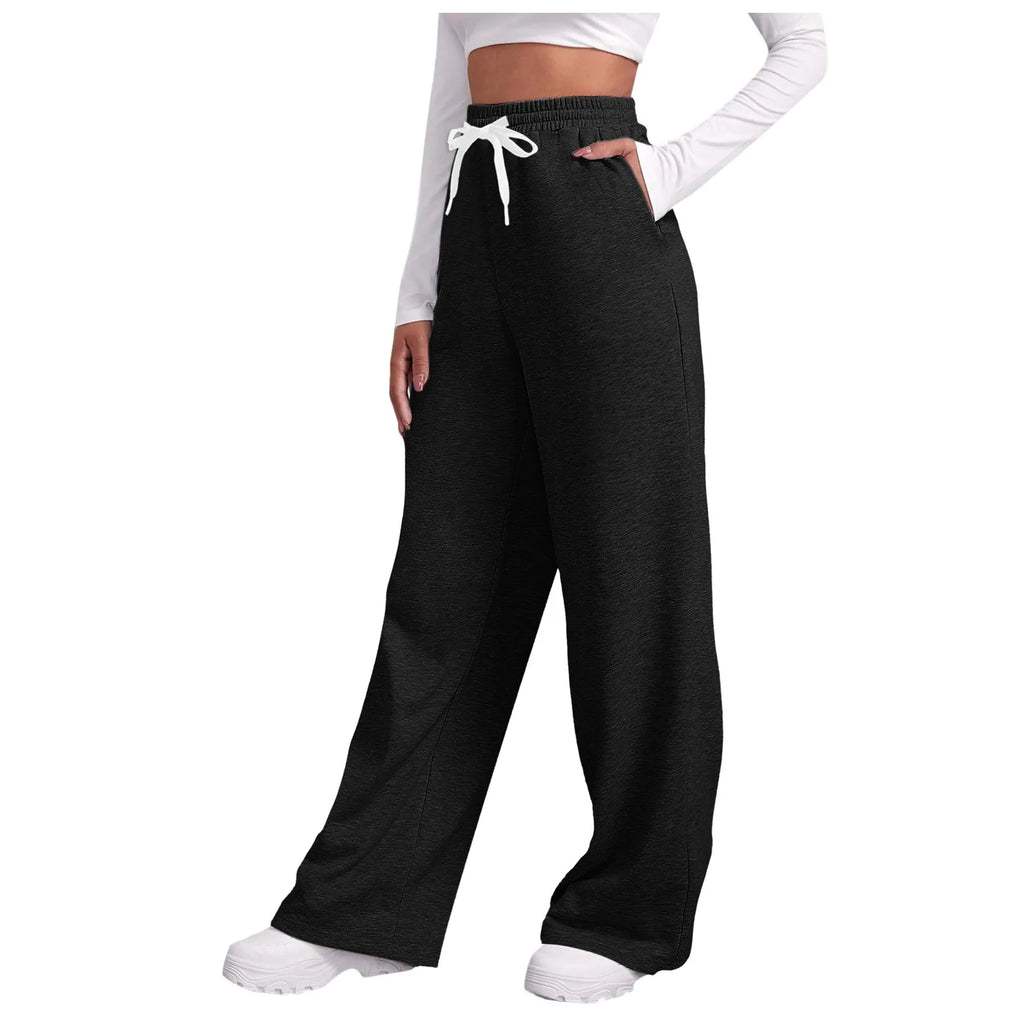 Women New Elastic Waist Pants with Side Pockets Fleece Lined Thick Wide Leg Sweatpants Pure Color Straight Cut