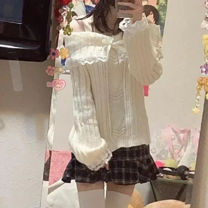 Women's Off Shoulder Knit Sweater Pink Pullover Sweet Long Sleeve Bow Lace Patchwork Jumpers Y2K Streetwear