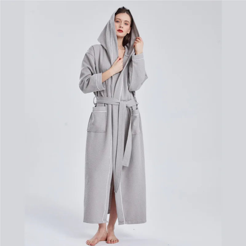 Pure Cotton Waffle Hooded Hotel SPA Robe for Men and Women - Quick Drying, Absorbent Kimono Yukata Sleepwear, Homewear, Casual Soft Bathrobe