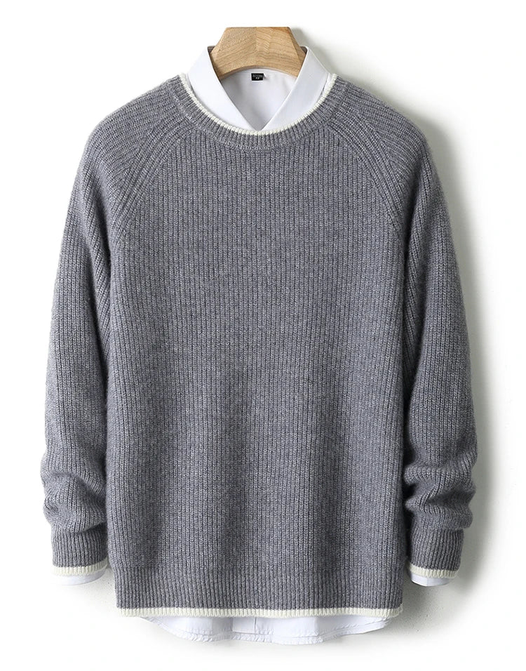 100% Pure Wool Men's Round Neck Thick Pullover Sweater - Youth Knitted Cashmere Sweater with Bottom