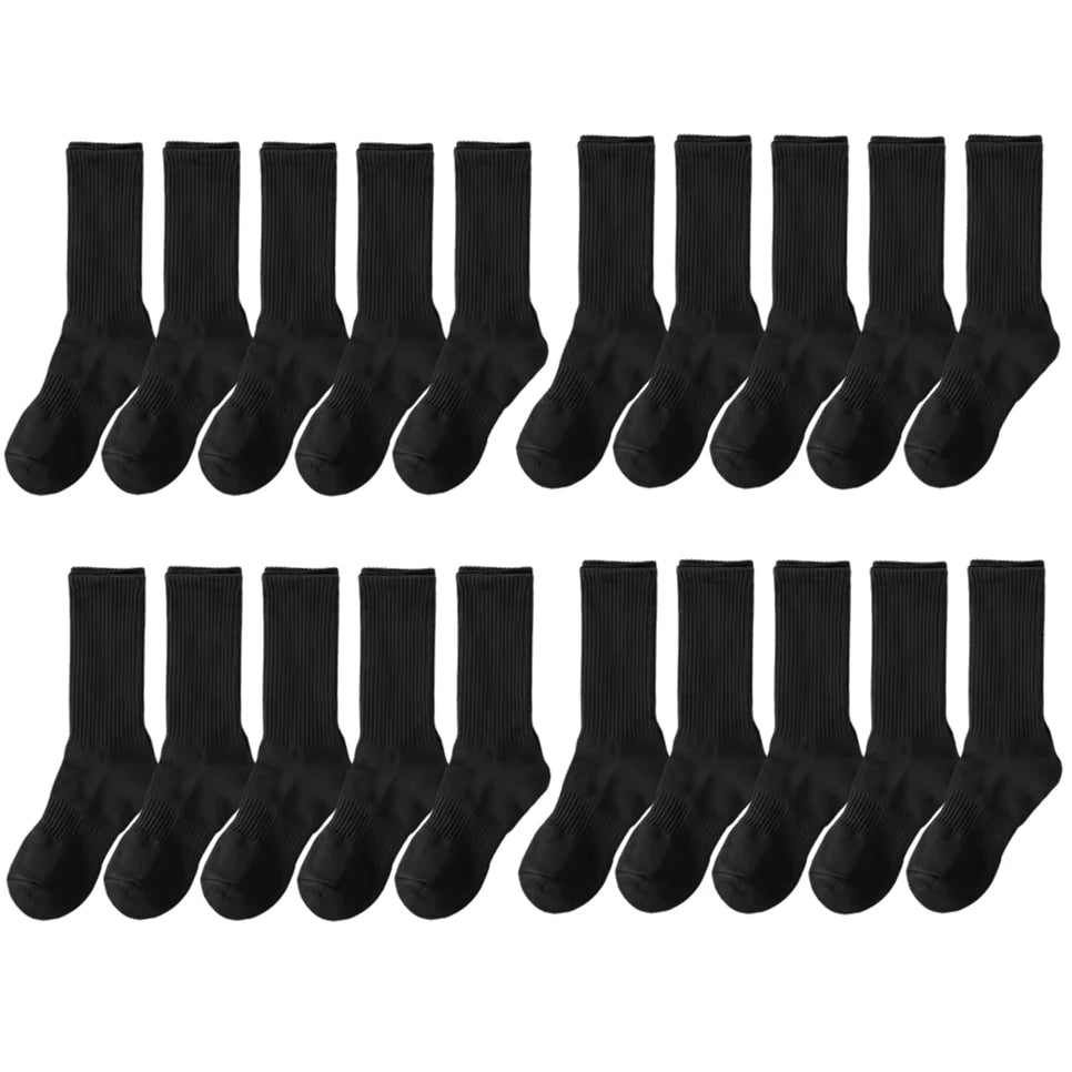 20 Pairs Pure Cotton Men's High Socks Classic Black White Breathable Sweat-Absorbent Warm Elastic Sports Socks