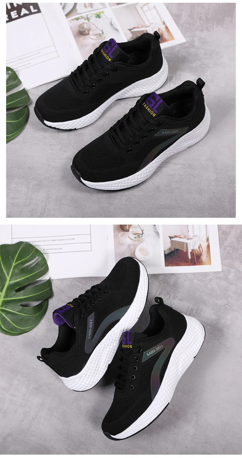 Women's Sports Shoes Comfortable Running Shoes Flying Knit Versatile Lace-Up Casual Shoes For Women Breathable And Fashionable