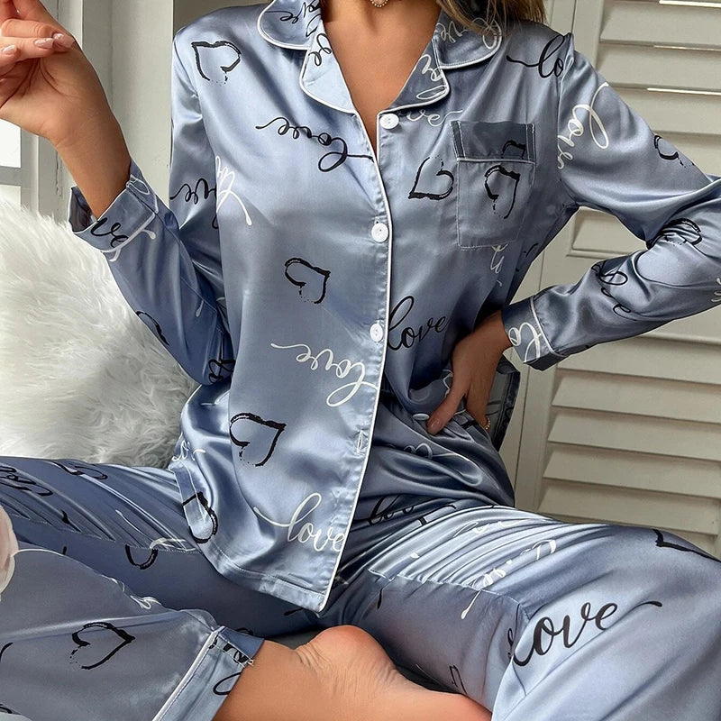 Spring Autumn Pajama Women Silk Satin Pajamas Set Long Sleeve Shirt with Trouser Sleepwear Loungewear Female Pajamas Suits Mujer
