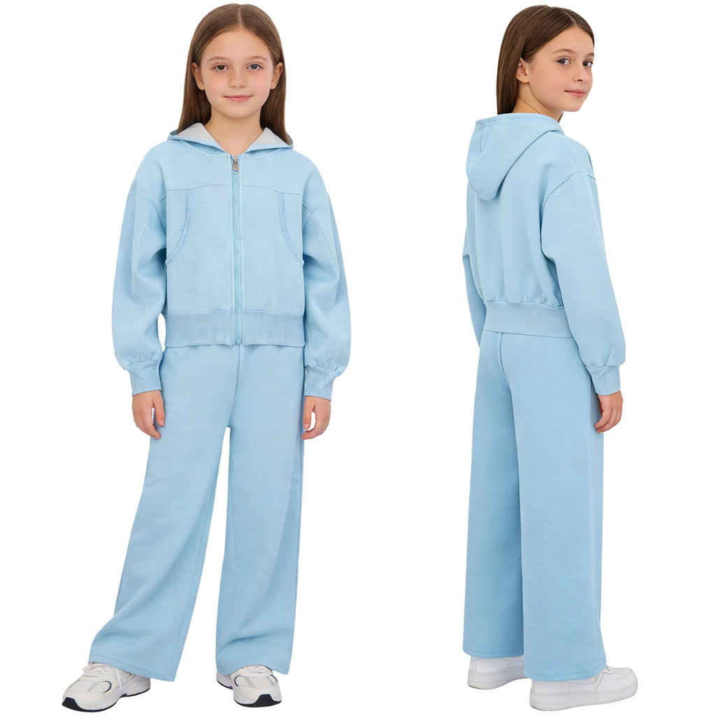 Children Girls Fashion Sports Set Long Sleeve Zipper Hooded Jacket with Pockets Wide-Leg Pants for Gym Workout Exercise Running