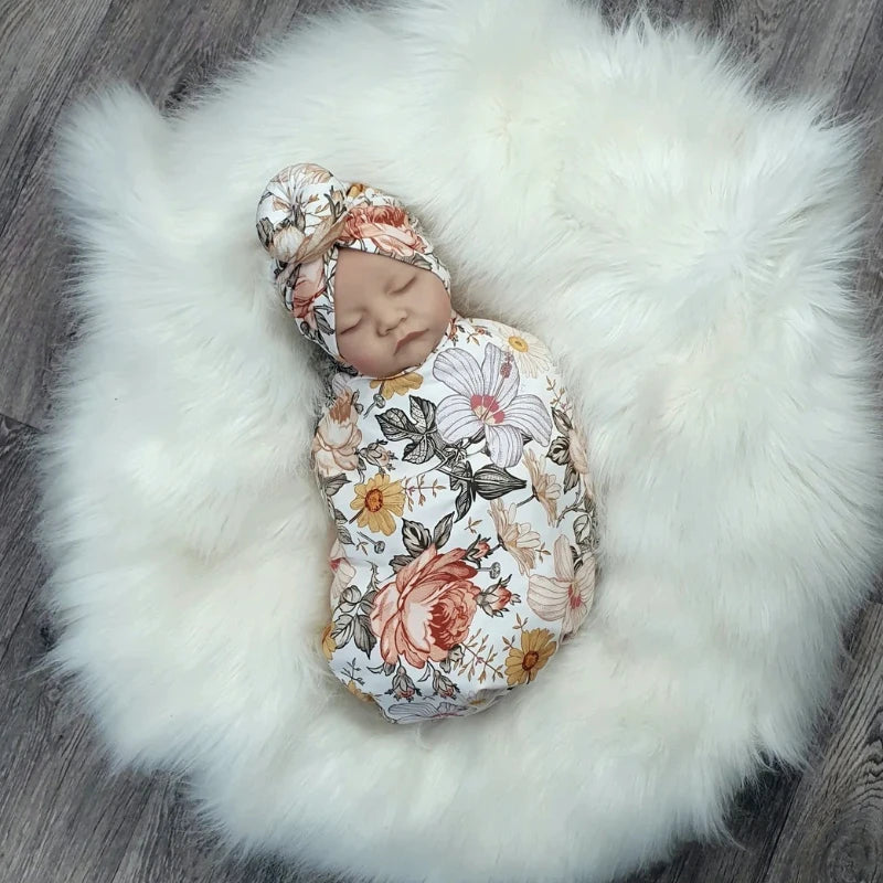 3pc Set Baby Swaddle Wrap for Newborns with Floral Headband