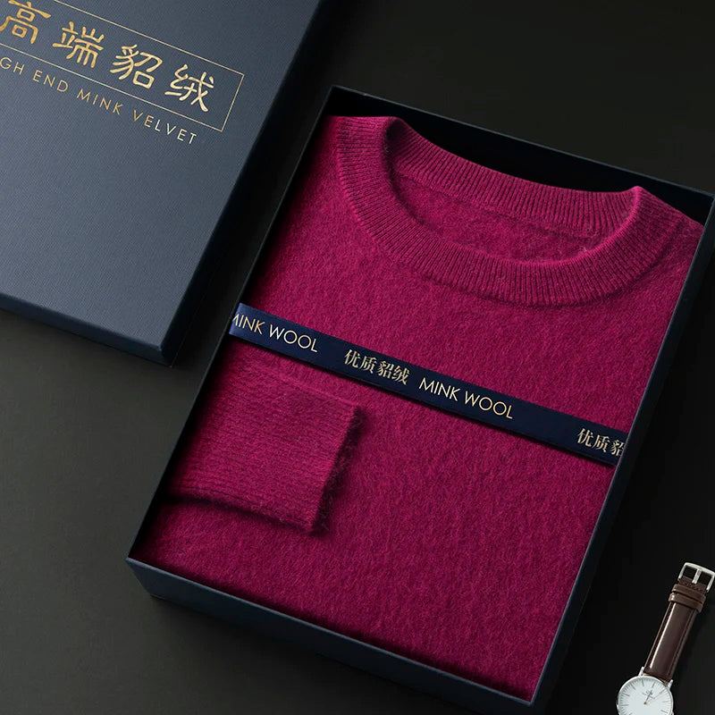 100% Pure Mink Cashmere Men's Round Neck Sweater for Autumn Winter, Casual Knitted Long Sleeved Pullover Sweater Men's Clothing