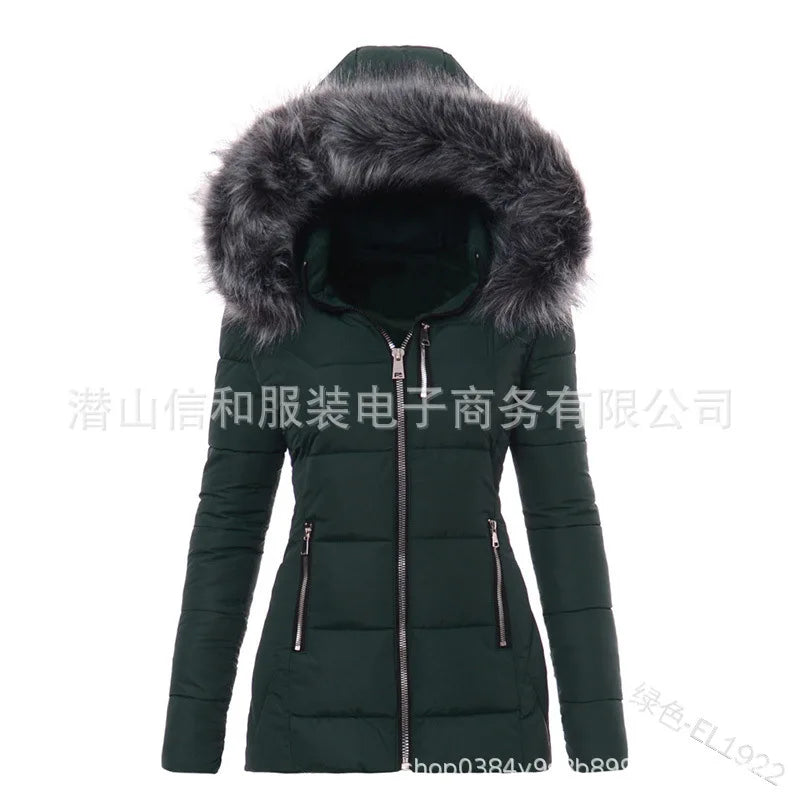 Women's Parkas Jacket Cotton Coat Winter Thick Fur Collar Hooded Windproof Padded Jackets Outerwear Zipper Overcoat Office Lady
