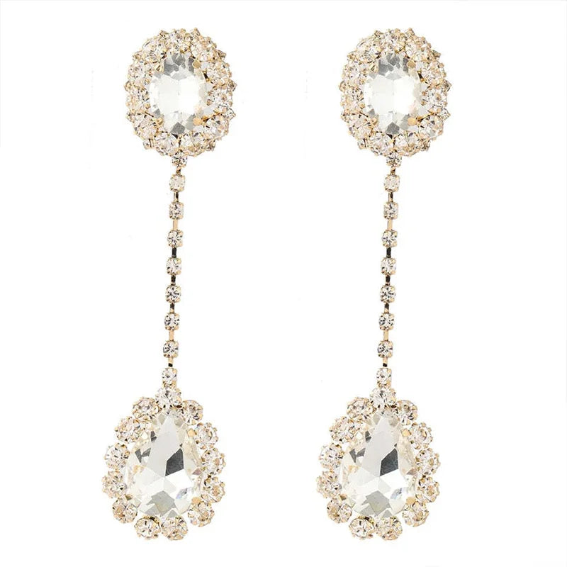 Stonefans Fashion Shiny Rhinestone Long Oval Earrings for Women Luxurious Water Drop Pendant Earrings Claw Chain Jewelry Party