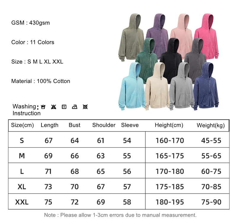 ZODF Trendy Batik Washed 430gsm Man's Zipper Hoodies Unisex Solid Loose Distressed Terry 100% Cotton Hooded Coats HY1159