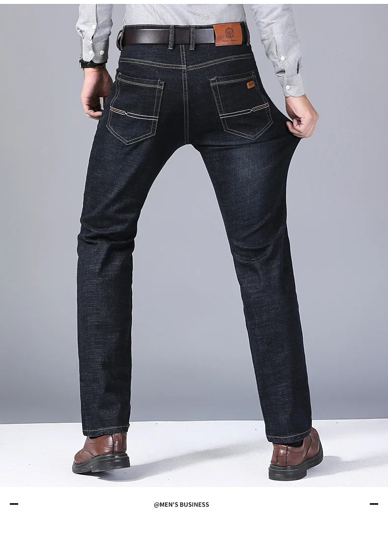 Men's Soft Straight Denim Pants 2025 Autumn Classic Business Black Biker Jeans Overalls
