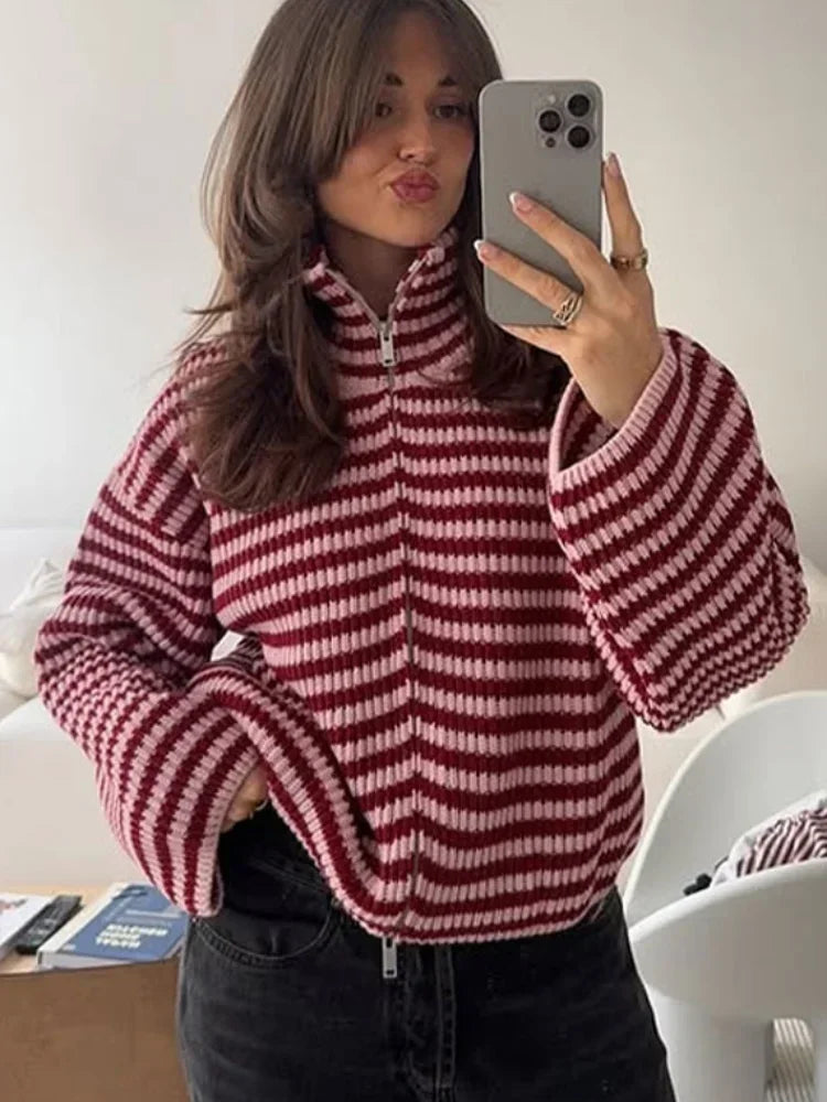 Women's Panelled Striped Zipper Knit Sweater Turtleneck Full Sleeve Coat 2026 Spring Autumn Female Casual Outings Daily Matching