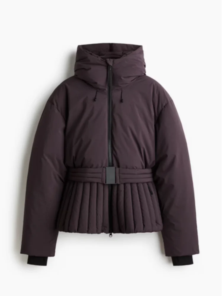 Belted Chic Hooded Cotton Coat Women Casual Full Sleeve Stand Collar Zipper Short Skiwear 2026 Lady Winter Sport Puffer Jacket