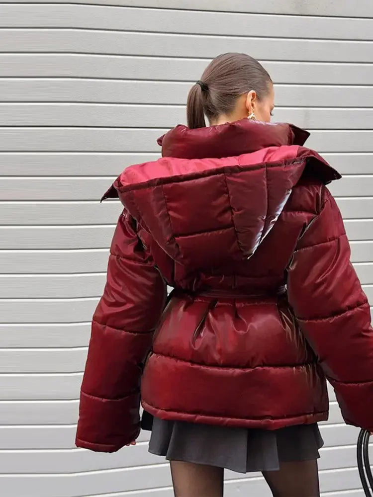 Chic Women's Shiny Pink Hooded Puffer Jacket Oversized Longline Winter Cotton-Padded Coat Fashion Warm Down Outerwear for Women