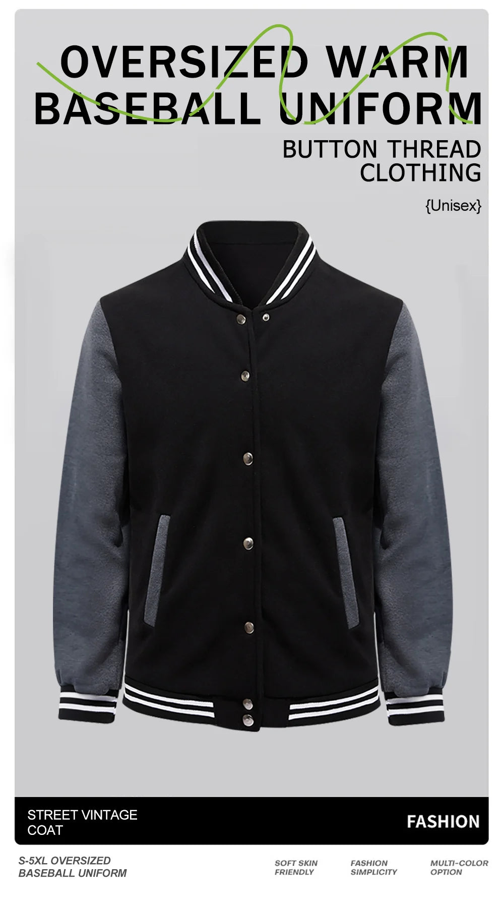 Black White Jacket Coats 5XL Loose Oversized Casual Wear for Men and Women - Baseball Street Coat, Warm Fleece Jackets