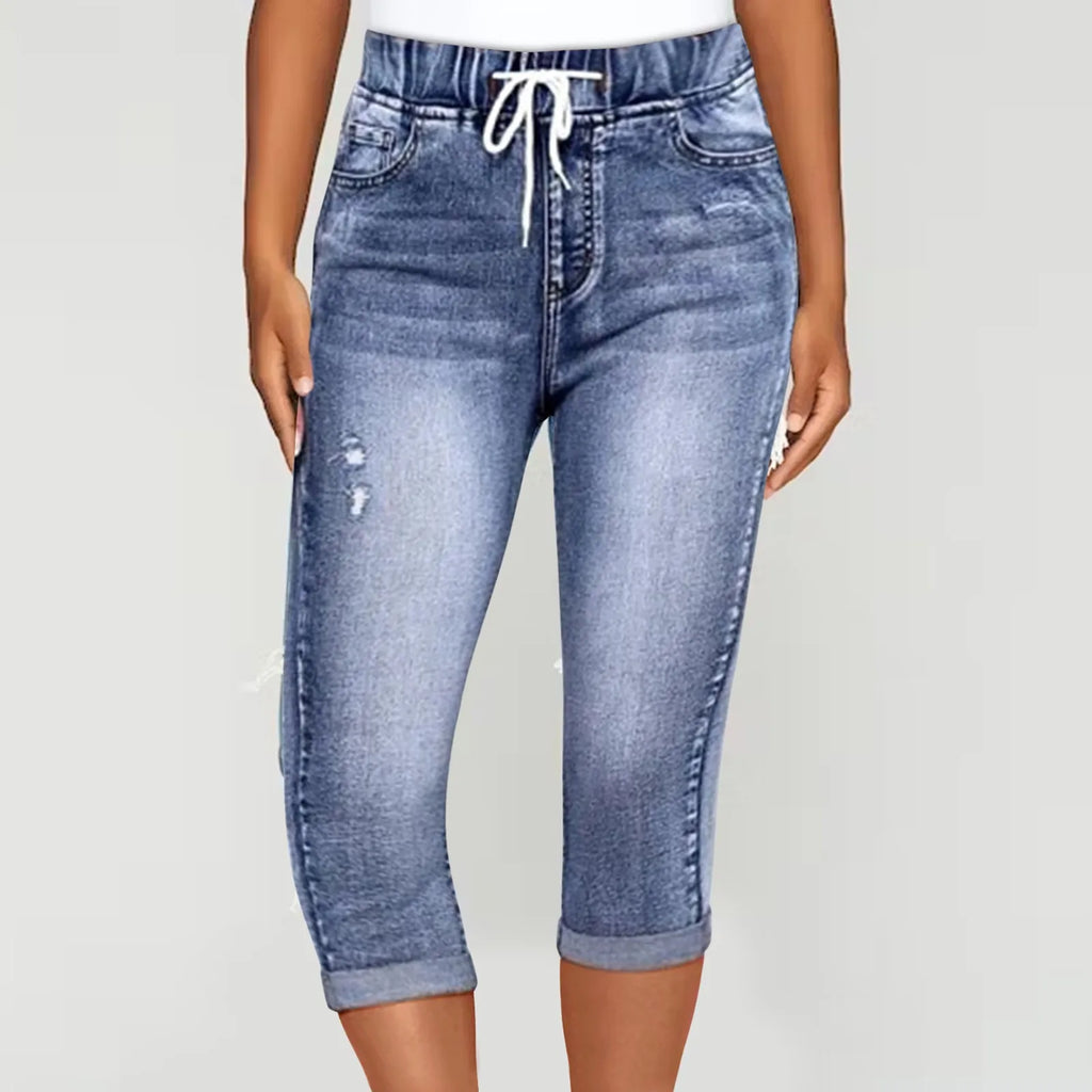 Women's Vintage Denim Pants Summer High Waist Slim Fit Drawstring Waistband Capri Pants Streetwear Jean Short Pants