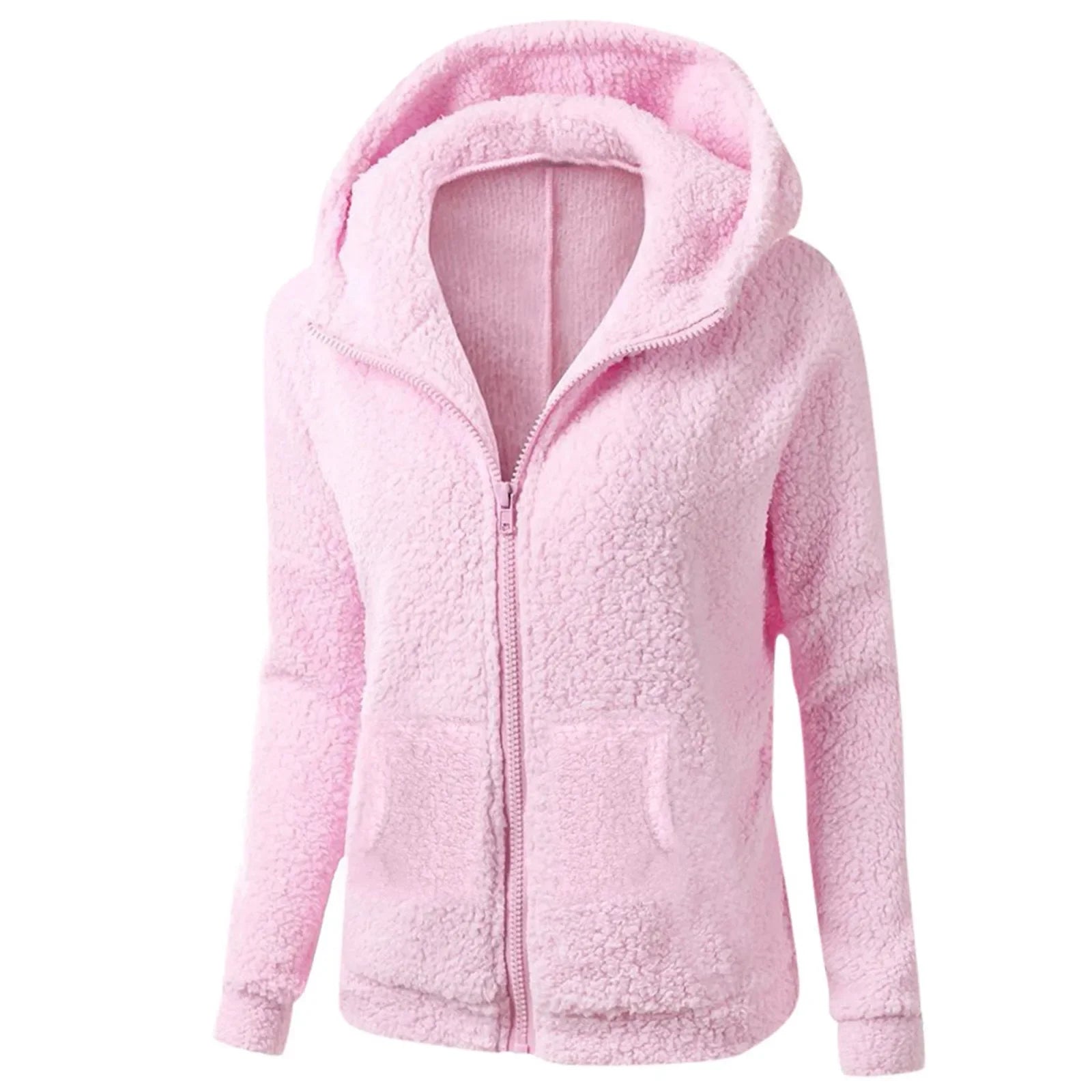 Women's Fashion Solid Color Sweatshirt Loose Hooded Plush Zip Up Jacket Top
