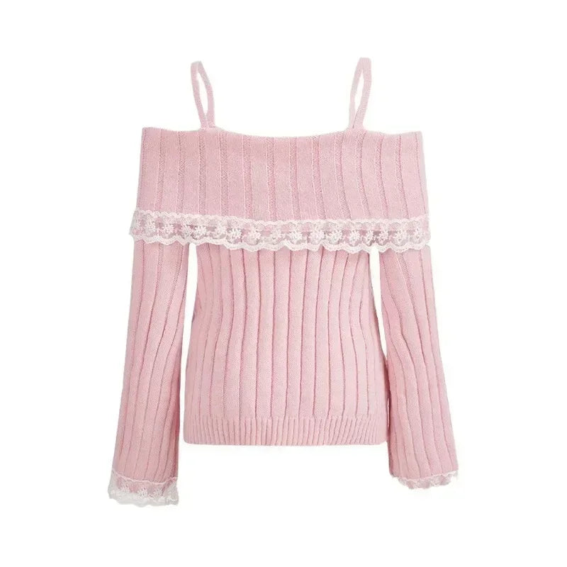 Women's Off Shoulder Knit Sweater Pink Pullover Sweet Long Sleeve Bow Lace Patchwork Jumpers Y2K Streetwear