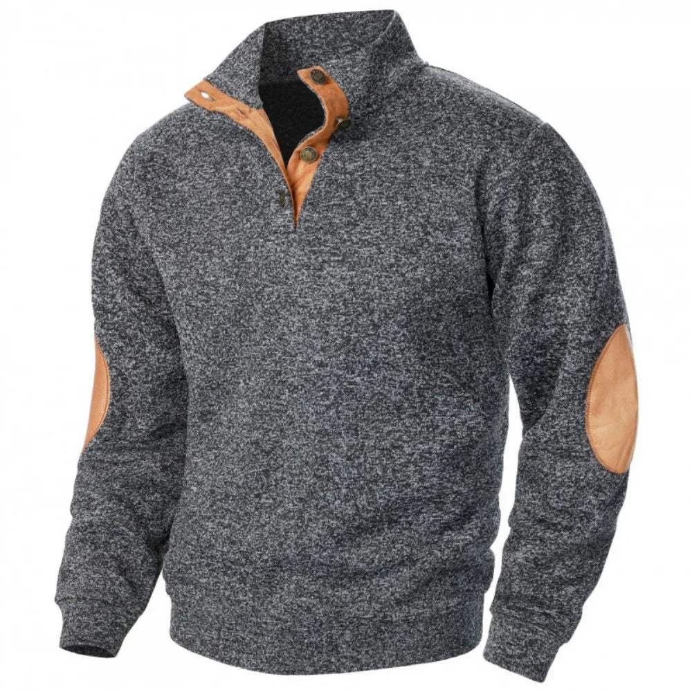 Men's Autumn Sweatshirt Patchwork Contrast Color Hoodies Stand Collar Button Down Vintage Pullovers