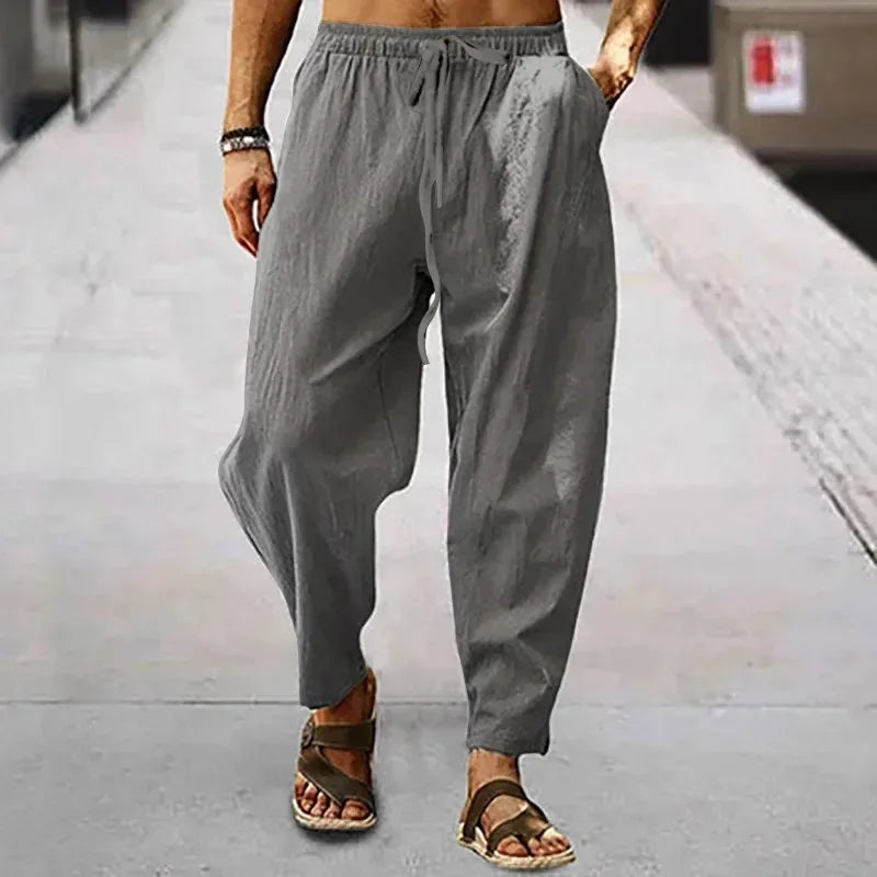 New Men's Cotton Linen Pants for Summer and Autumn - Solid High Waist Wide-Leg Trousers - Loose Hemp Casual Breathable Sports Pants