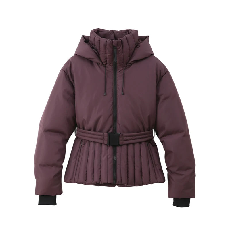 Belted Chic Hooded Cotton Coat Women Casual Full Sleeve Stand Collar Zipper Short Skiwear 2026 Lady Winter Sport Puffer Jacket