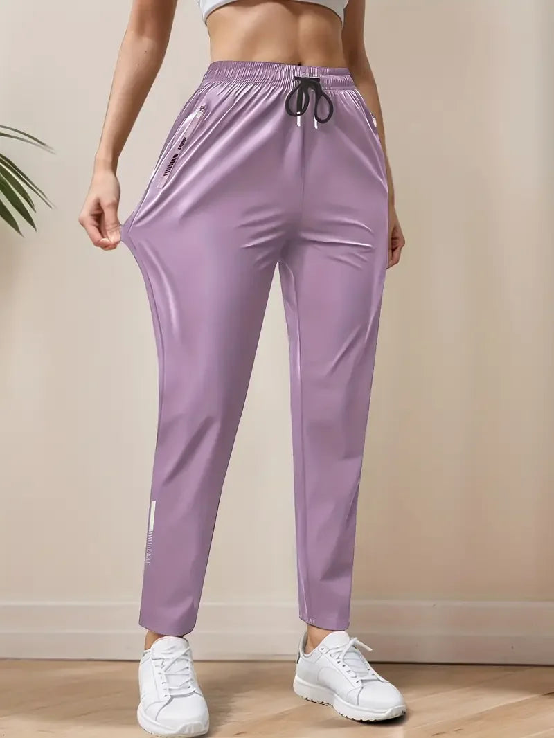 Women's High-Elasticity Ice Silky Fiber Casual Pants Quick-Dry with Zipper Pockets Adjustable Drawstring Waist Lightweight