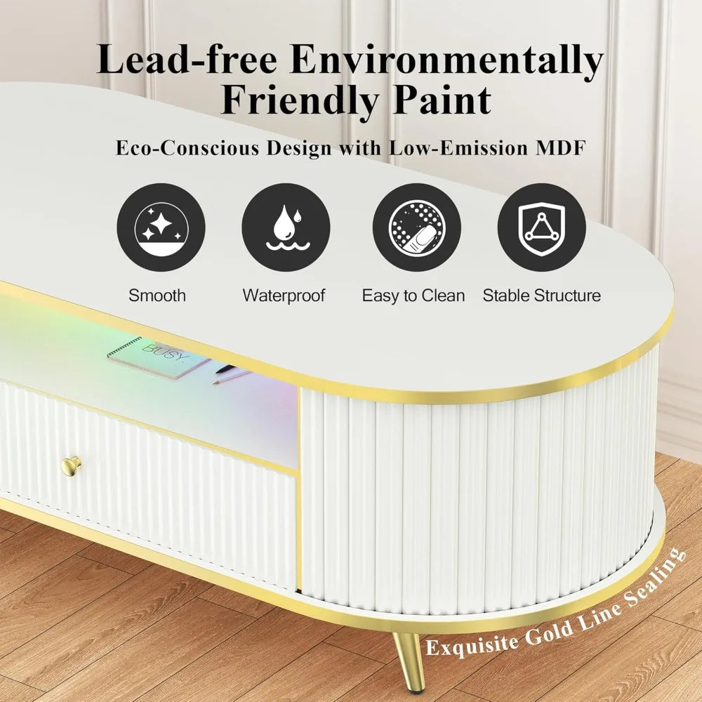47" Fluted Coffee Table with LED Lights & Storage - Luxury Modern Oval Center Table for Living Room, Coffe Tables,Customized