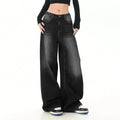 Vintage black washed loose straight-leg jeans for girls - a casual, long, wide-leg fashionable pants