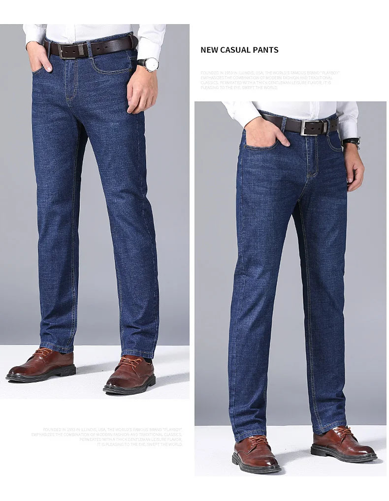 Men's Soft Straight Denim Pants 2025 Autumn Classic Business Black Biker Jeans Overalls