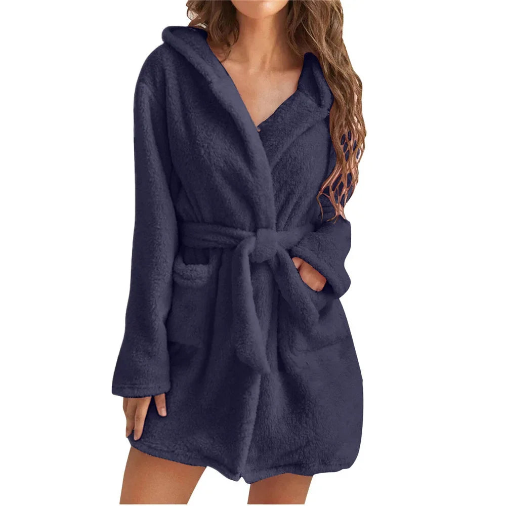 Solid Shower Kimono Robes Hooded for Women Long Sleeves Towel Bathrobe with Waist Girdle Female Cotton Sleepwear for Home Wear