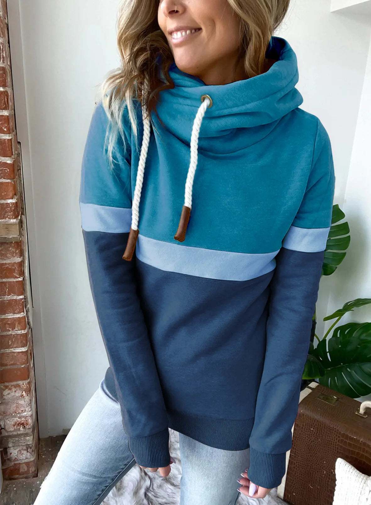 Women's 2024 New Autumn and Winter Solid Color Stitching Casual High Collar Hooded Sweatshirt